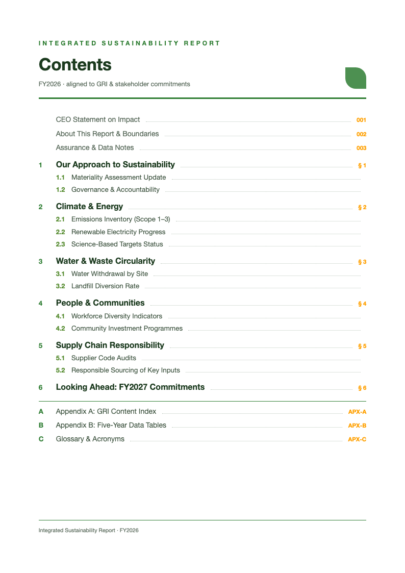 Sustainability report table of contents
